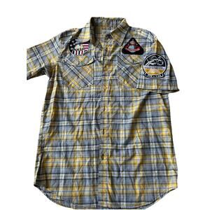 Vintage Cowboy Retro Plaid Shirt Throwback Western Button Down Patches Hipster M
